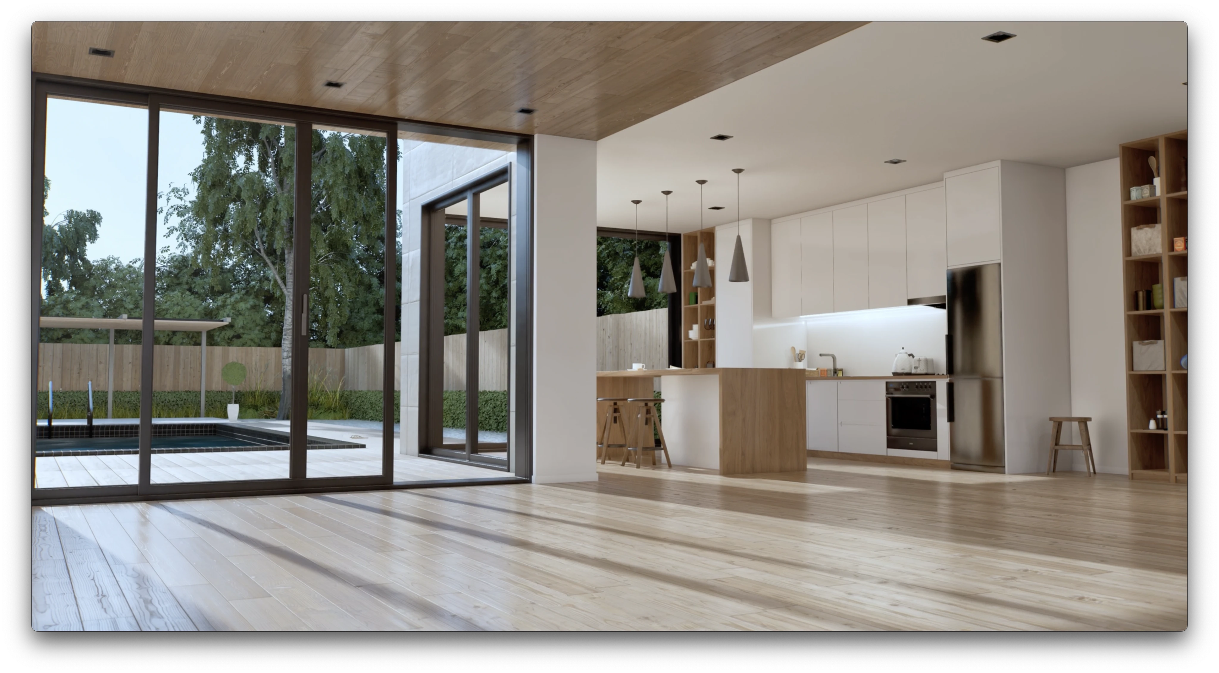 Bright renovated home interior with kitchen and patio